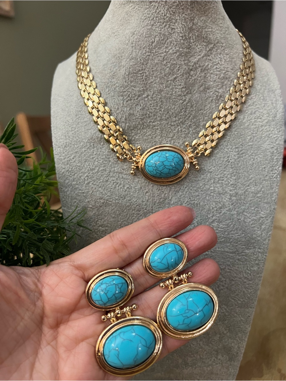 Gold Tone Necklace and Earring Set with Turquoise stones style